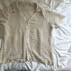 Cream Crochet Button-Up Top